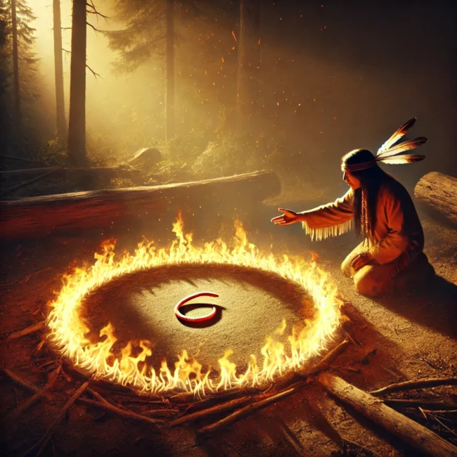 DALL·E 2024-12-21 19.21.57 – A heartfelt depiction of a Native American man illustrating salvation using a worm and a fire. The scene shows a smaller circle of fire forming a per